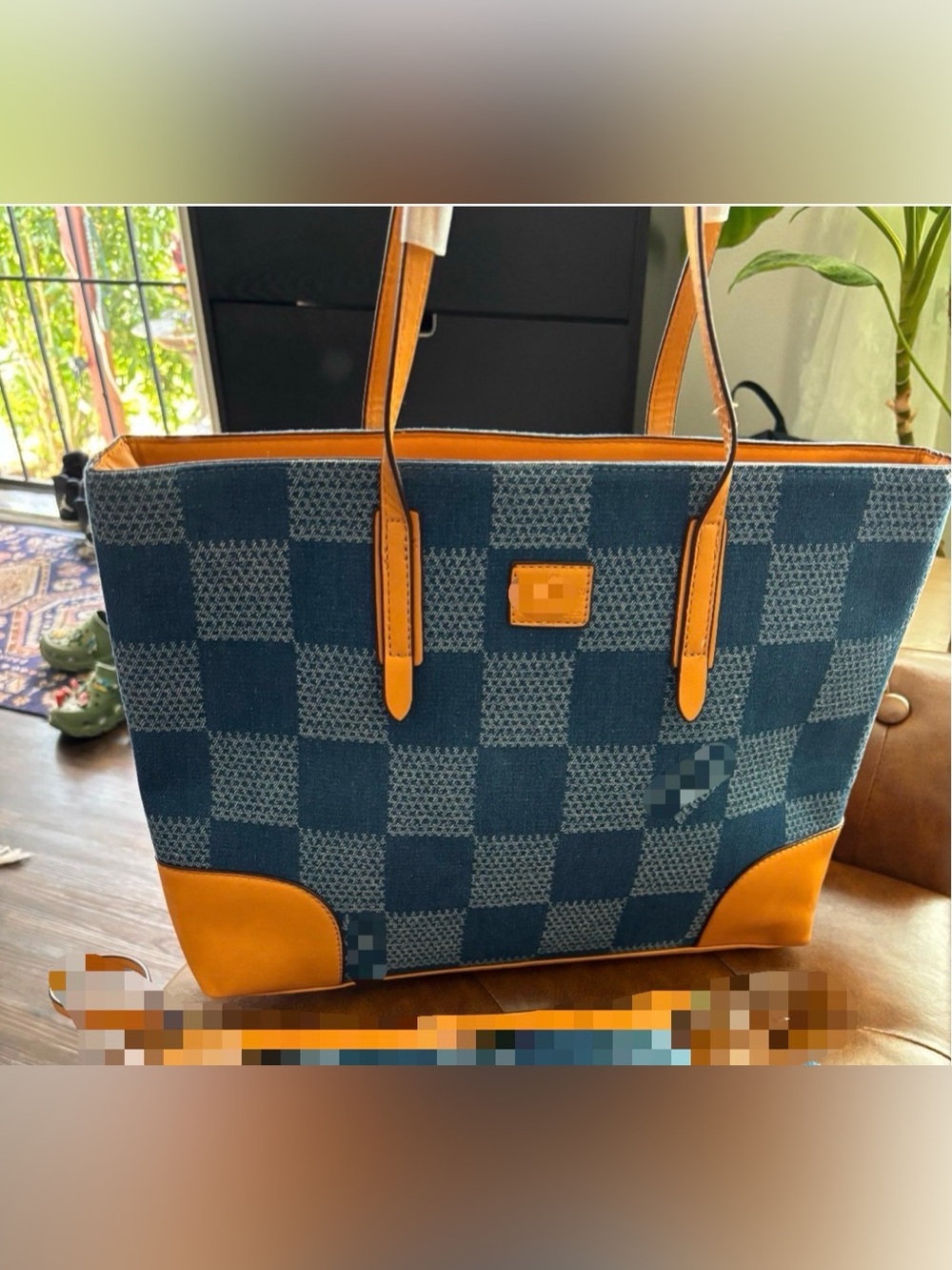 Blue Checkered Tote with Tan Accents - 3-Piece Set